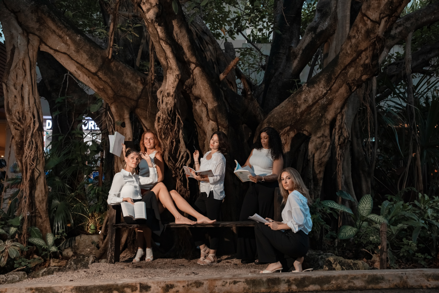 The Key2Connection team reading together beneath a banyan tree